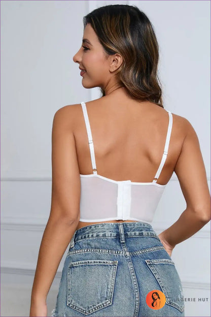 Mesh Lace Top with Cut-out and Hook Closure - Nylon Floral for Casual, Crop, Cutout, Floral, Lace