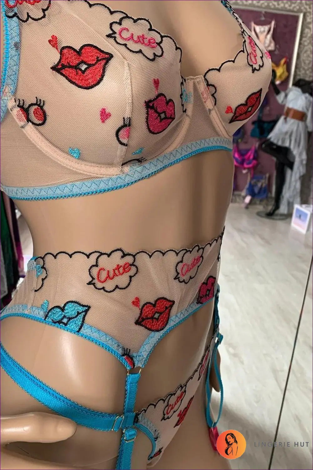 Mesh Lip Print Bra Set with Garter - Flirty Boudoir Edit - Lingerie - Hut - All Season • Cutout • Date Night