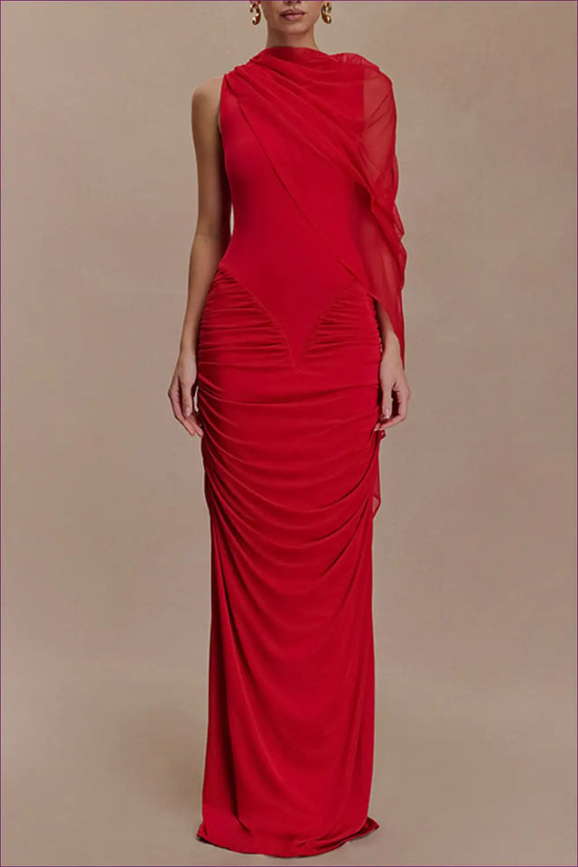 Red Mesh Maxi Dress with Asymmetric Pleats