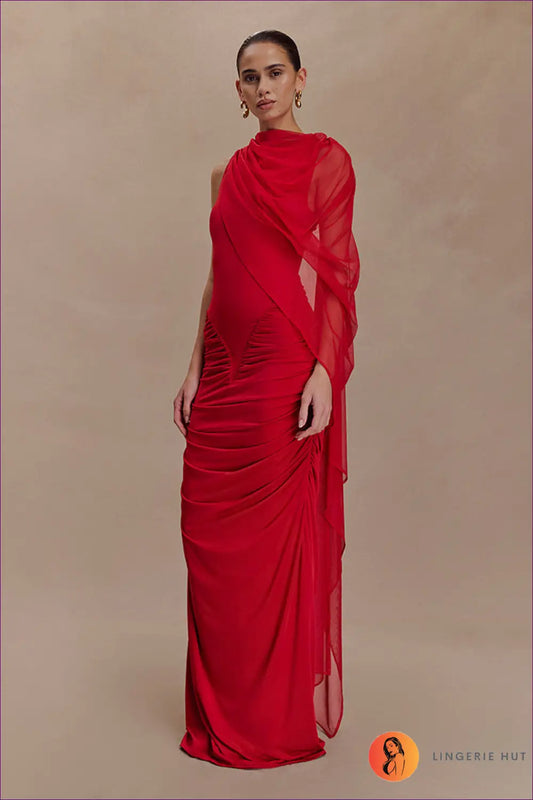 Red Mesh Maxi Dress with Asymmetric Pleats - Dresses - Clothing • Glamour • Lingerie Hut