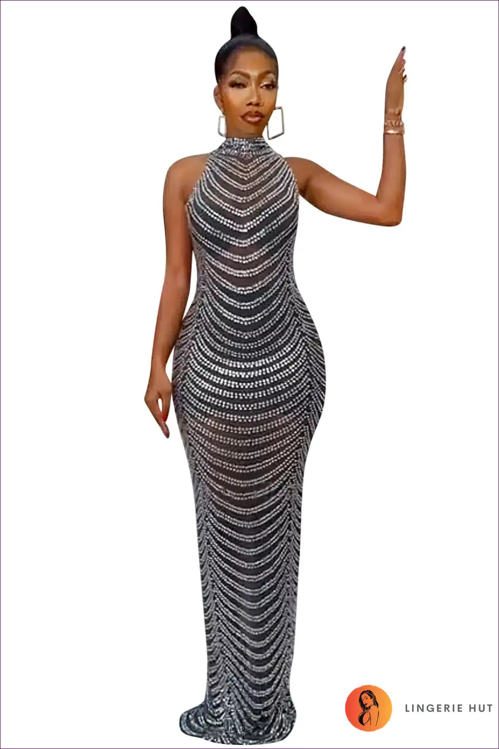 Mesh Maxi Dress with Rhinestone Detail - Effortless Elegance - s / Black - Dresses - Lingerie Hut - All Season