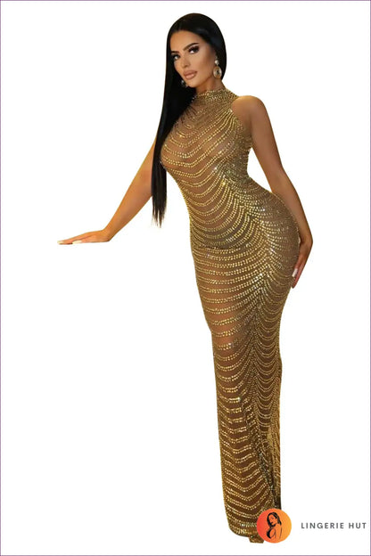 Mesh Maxi Dress with Rhinestone Detail - Effortless Elegance - s / Gold - Dresses - Lingerie Hut - All Season • Bodycon