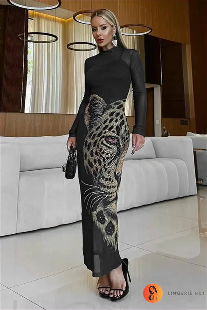 Mesh Overlay Maxi Dress with Graphic Print - Statement for Evening Wear, Formal just In, Maxi,