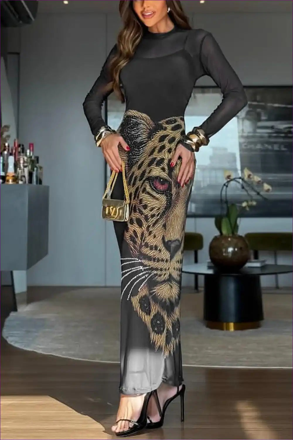 Mesh Overlay Maxi Dress with Graphic Print - Statement for Evening Wear, Formal just In, Maxi,