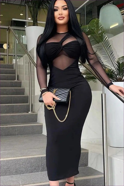 Mesh Panel Bodycon Dress with Long Sleeves - Night out for Bodycon, Clubwear, Date Night, Evening Wear,