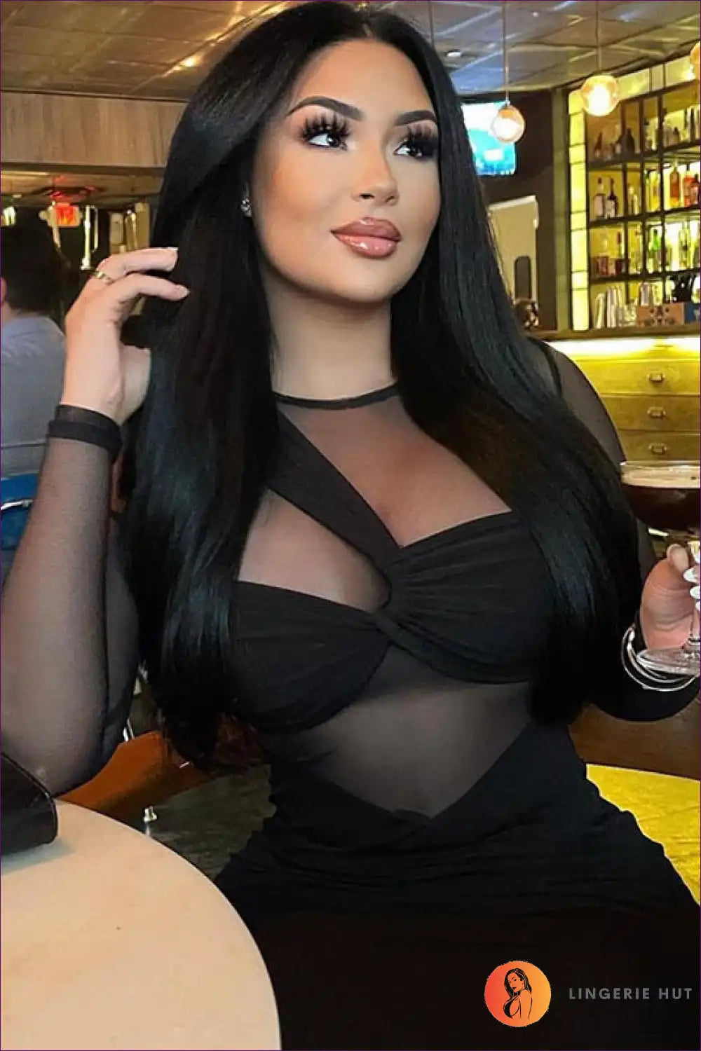 Mesh Panel Bodycon Dress with Long Sleeves - Night out for Bodycon, Clubwear, Date Night, Evening Wear,