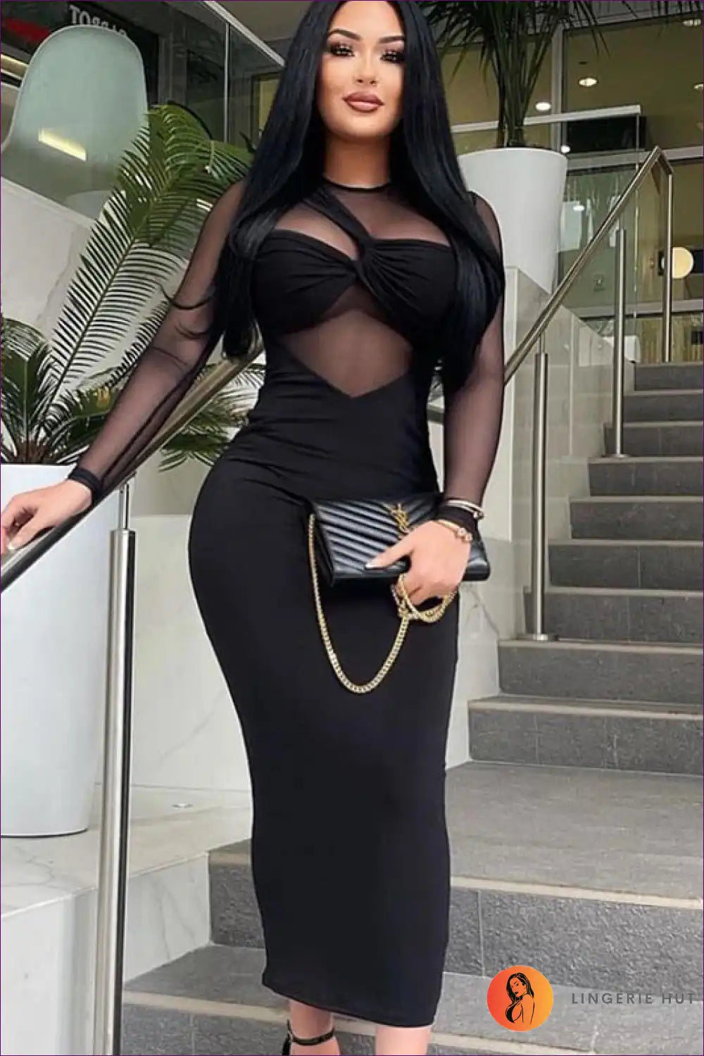 Mesh Panel Bodycon Dress with Long Sleeves - Night out for Bodycon, Clubwear, Date Night, Evening Wear,