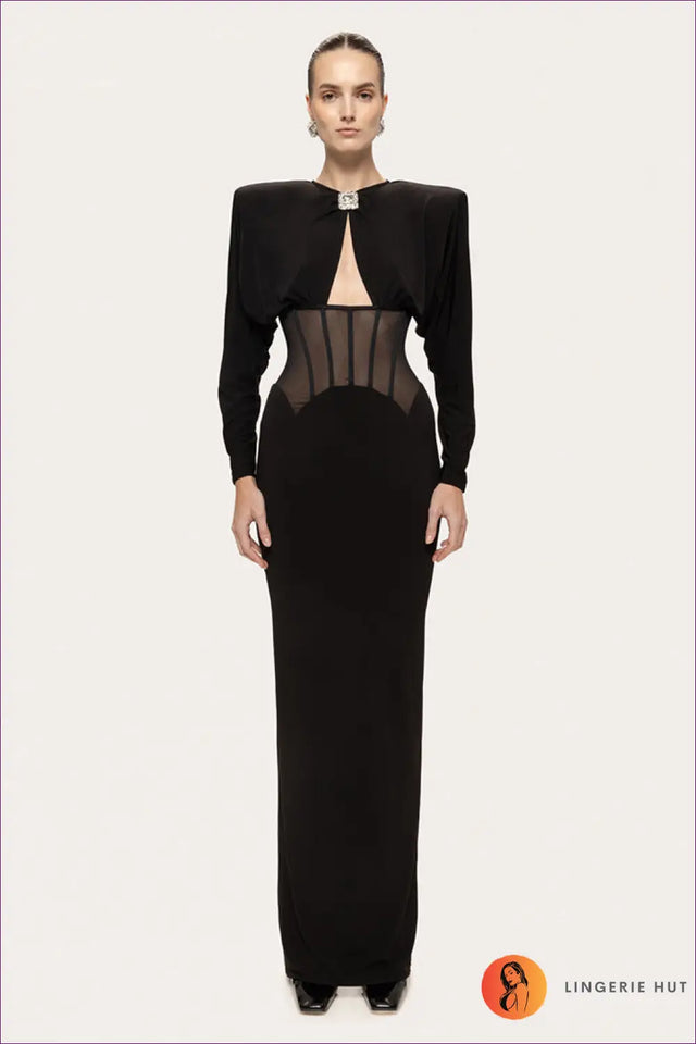 Mesh Panel Maxi Dress with Corset Waist - Evening Statement