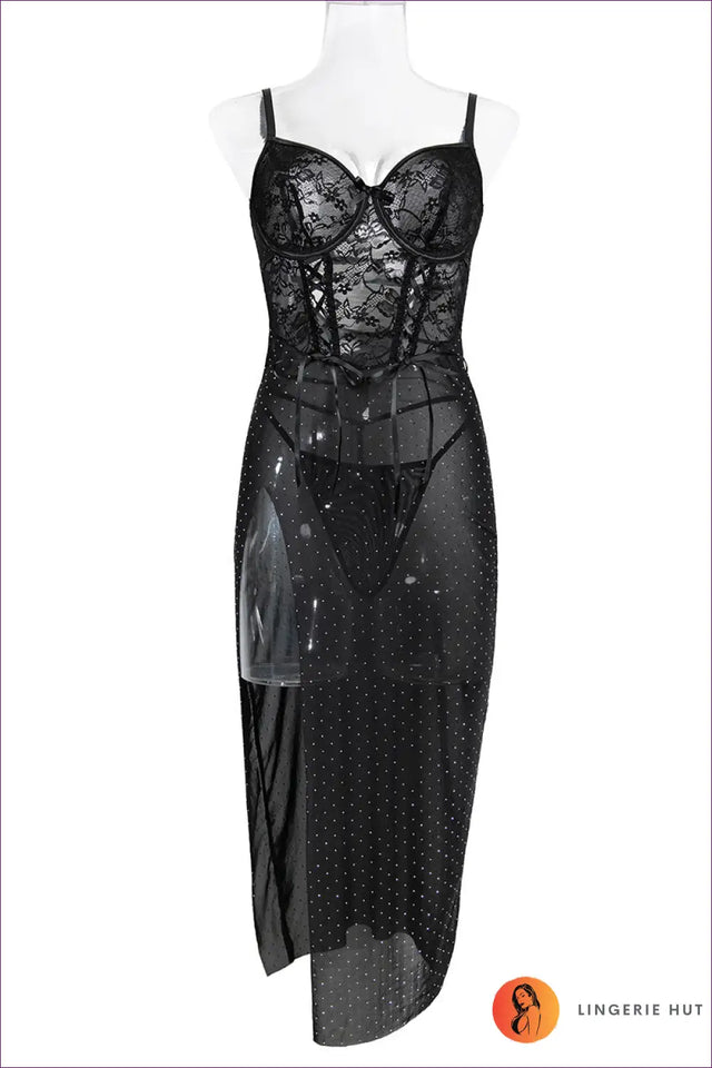 Mesh Rhinestone Cami Teddy with High Slit