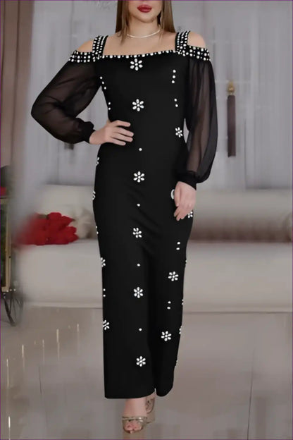 Mesh Rhinestone Maxi Dress with Sheer Sleeves - Evening Luxe for Bodycon, Date Night, Evening Wear, Formal