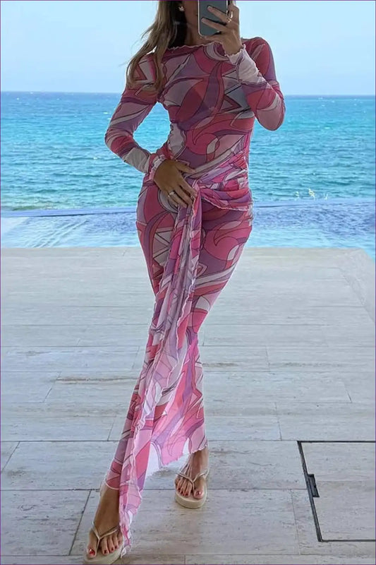 Mesh Ruched Maxi Dress with Long Sleeves for Bodycon, Evening Wear, Formal Maxi,