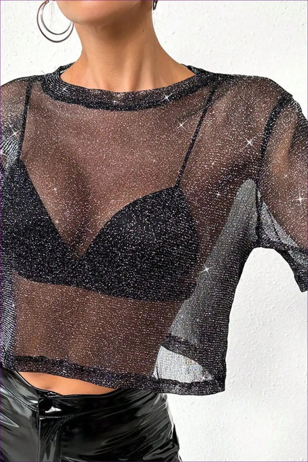 Mesh Top with Metallic Finish - Night out Glamour for All Season, Clubwear, Crop, Cutout,