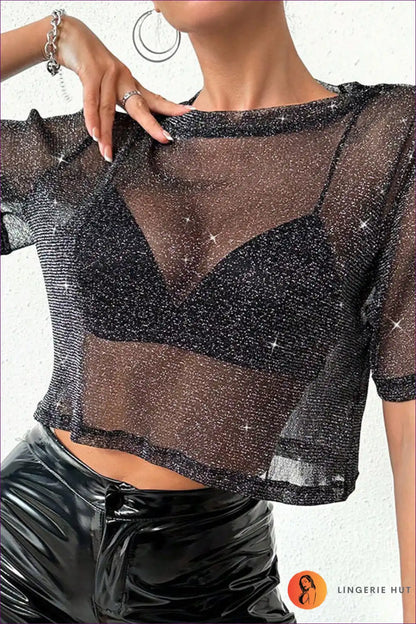 Mesh Top with Metallic Finish - Night out Glamour for All Season, Clubwear, Crop, Cutout,