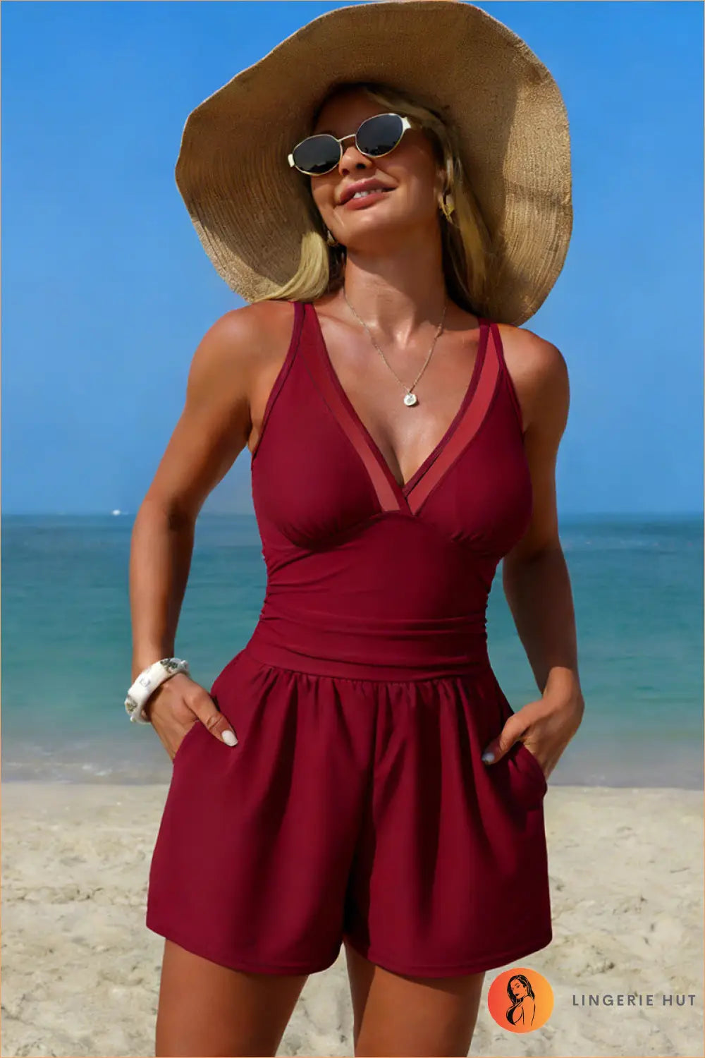 Mesh-trim Swim Romper with Shorts Silhouette - Weekend Ease - s / Burgundy - Swimwear - Beachwear • Casual