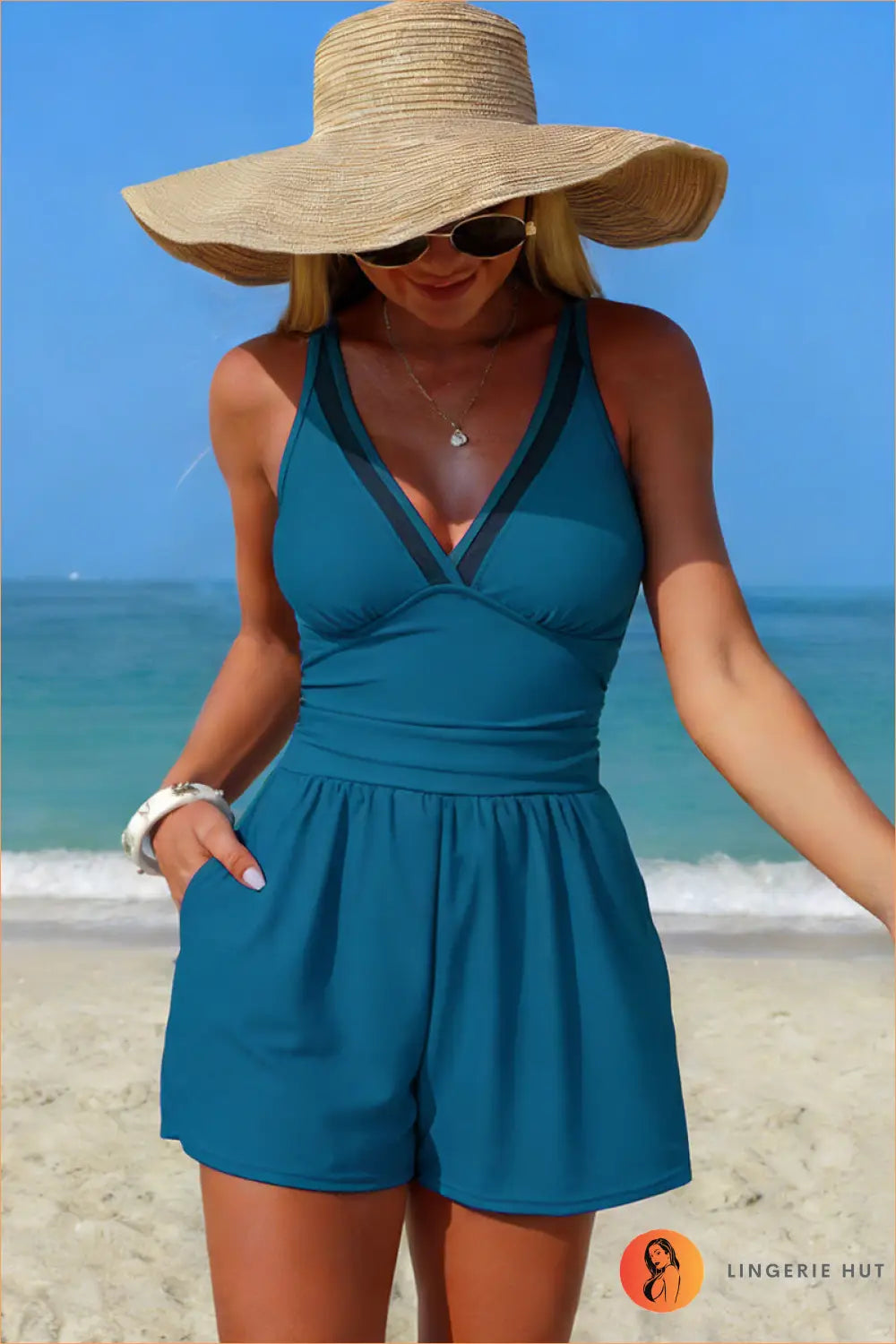 Mesh-trim Swim Romper with Shorts Silhouette - Weekend Ease - s / Blue - Swimwear - Beachwear • Casual