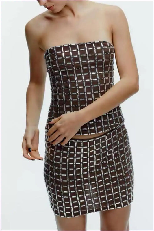 Mesh Tube Top and Mini Skirt Set with Rhinestone Detail - Party Chic for Clubwear, co Ord, Crop, Date Night,