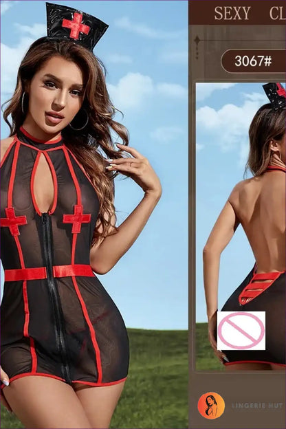 Mesh V-neck Halter Nurse Uniform Dress for Cosplay Nights Boudoir, Costume, Halter, just In,