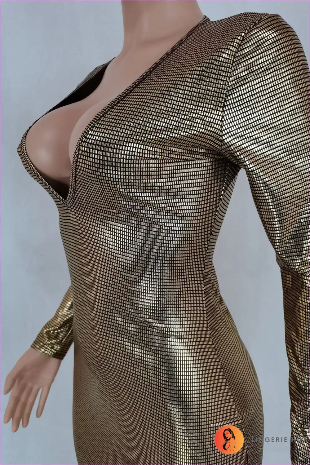 Metallic Bodycon Midi with Deep v - Night out Glam for Bodycon, Date Night, Evening Wear, Glamour,