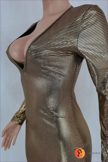 Metallic Bodycon Midi with Deep v - Night out Glam for Bodycon, Date Night, Evening Wear, Glamour,