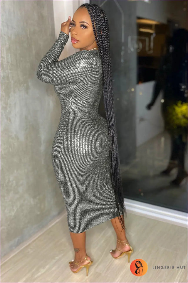 Metallic Bodycon Midi Dress with Deep V - Statement Evening Glam