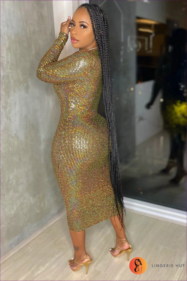 Metallic Bodycon Midi Dress with Deep V - Statement Evening Glam