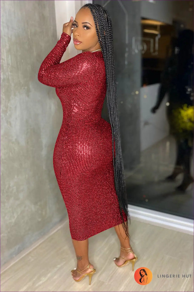Metallic Bodycon Midi Dress with Deep V - Statement Evening Glam