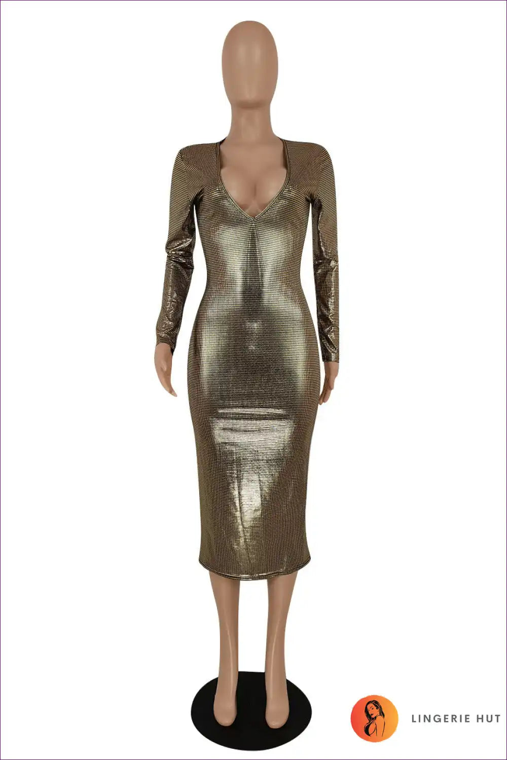 Metallic Bodycon Midi with Deep v - Night out Glam for Bodycon, Date Night, Evening Wear, Glamour,