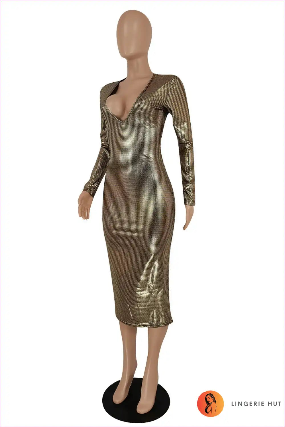 Metallic Bodycon Midi with Deep v - Night out Glam for Bodycon, Date Night, Evening Wear, Glamour,