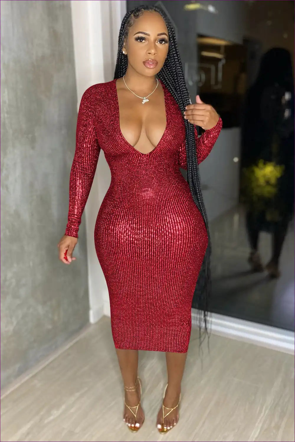 Metallic Bodycon Midi with Deep v - Night out Glam for Bodycon, Date Night, Evening Wear, Glamour,