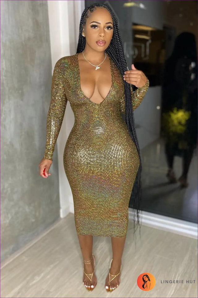 Metallic Bodycon Midi Dress with Deep V - Statement Evening Glam