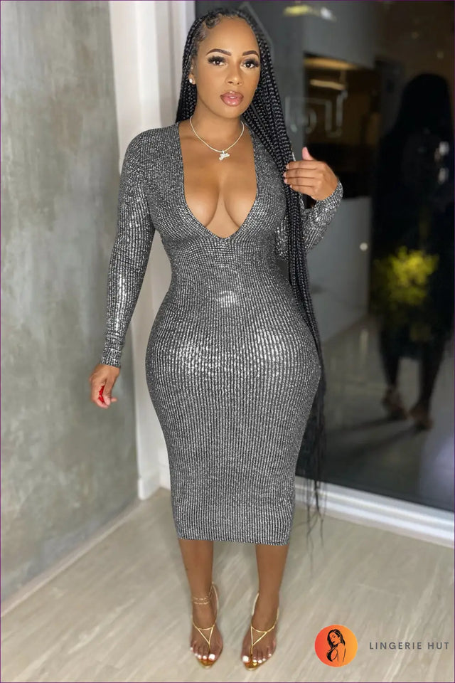Metallic Bodycon Midi Dress with Deep V - Statement Evening Glam