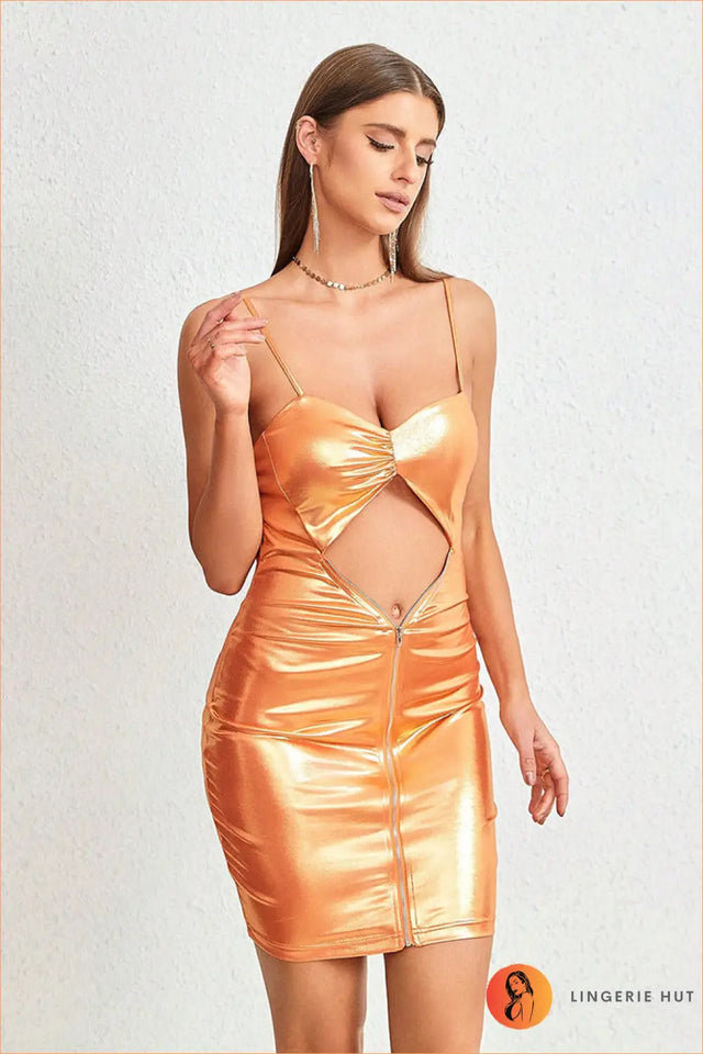 Metallic Bodycon Mini Dress - Zip to Impress, Party Ready Shine