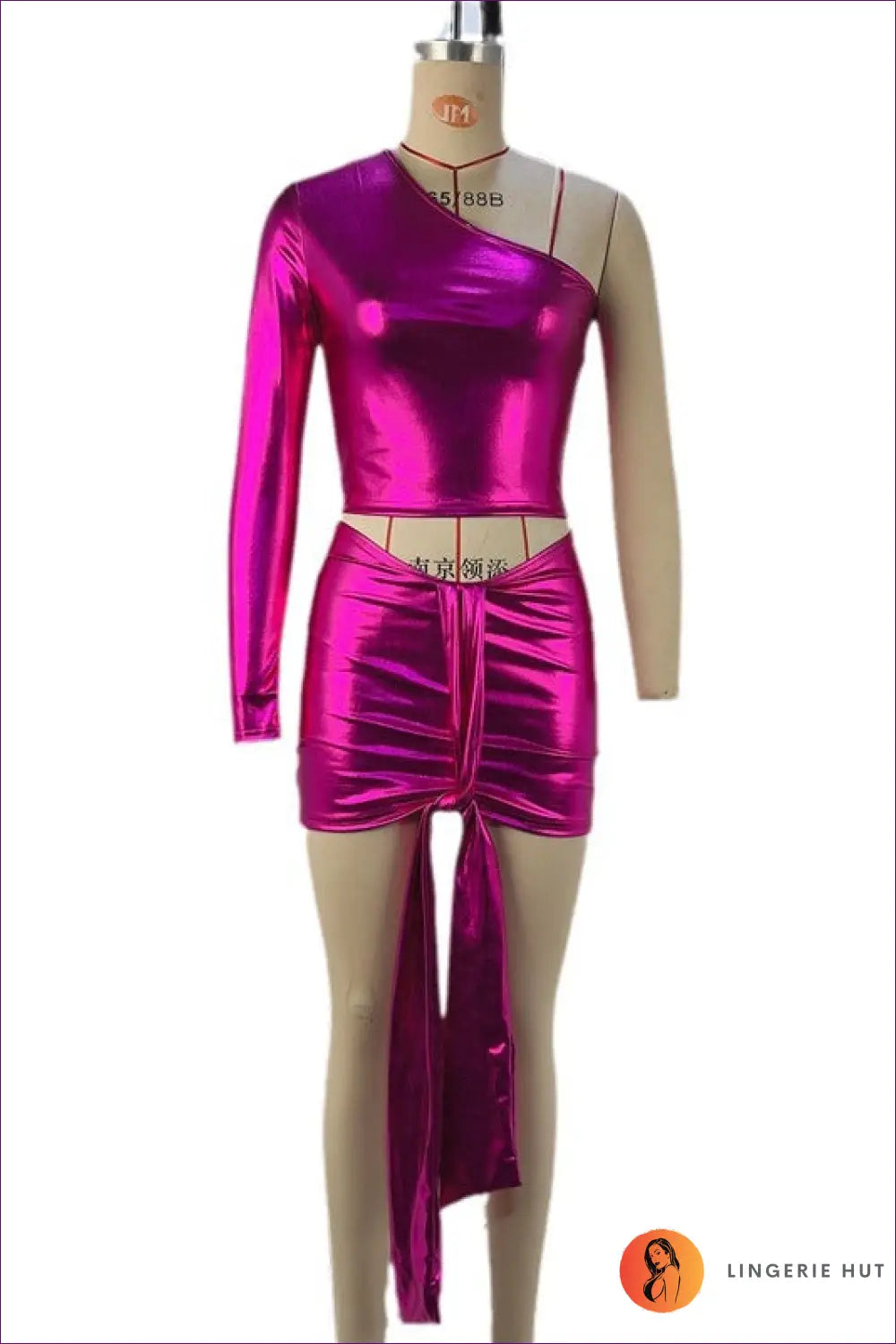 Metallic co Ord Set with Asymmetric Crop - Sizzle After Dark - s / Pink - Outfit Sets - Lingerie Hut - Cutout • Glamour