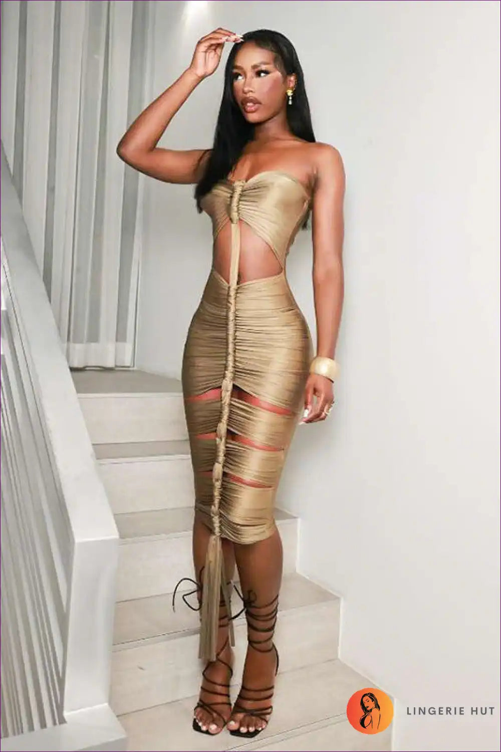Metallic Ruched Bodycon Dress with Cut-out Details for Bodycon, Cutout, Date Night, Evening Wear, Glamour