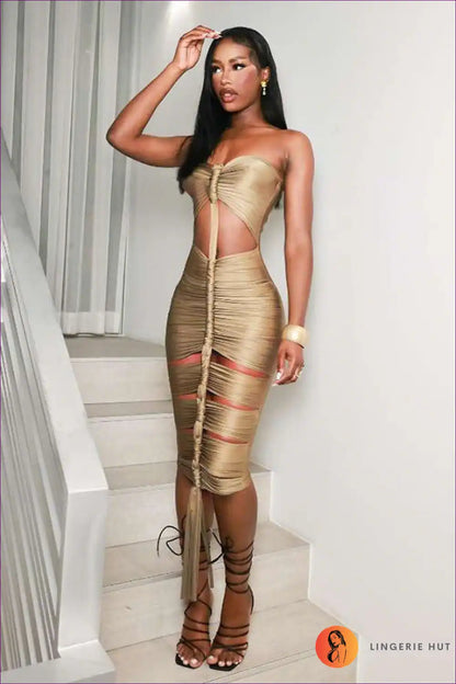 Metallic Ruched Bodycon Dress with Cut-out Details for Bodycon, Cutout, Date Night, Evening Wear, Glamour