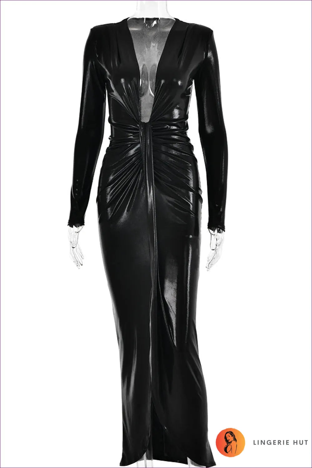 Embrace The Essence Of Glamour With Lingerie Hut’s Metallic Coated Fabric Dress. Its Sexy, Glossy Finish