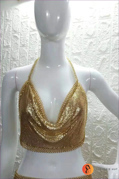 Metallic Sequin co Ord Set - Nightclub Glamour Awaits - one Size / Gold Top - Clothing - Lingerie Hut - Backless