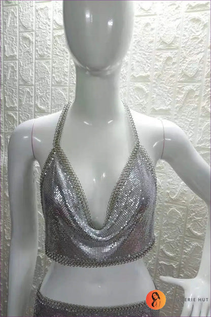 Metallic Sequin co Ord Set - Nightclub Glamour Awaits - one Size / Silver Top - Clothing - Lingerie Hut - Backless