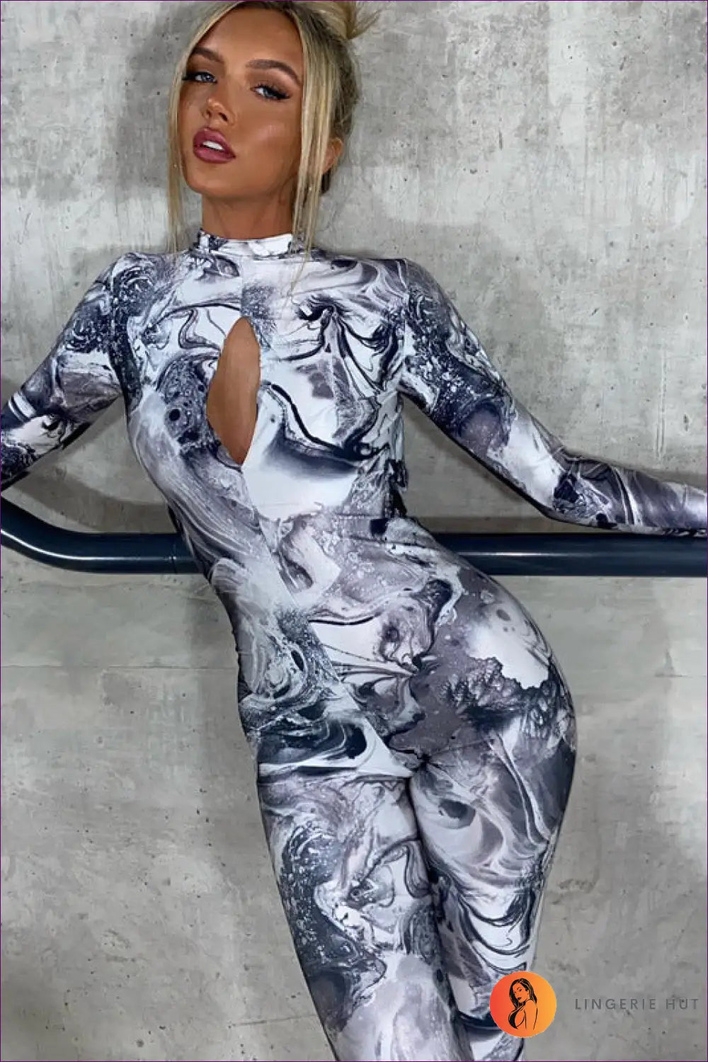 Metallic Swirl Keyhole Jumpsuit - Futuristic Glam for Bodycon, Catsuit, Clubwear, Costume, Cutout