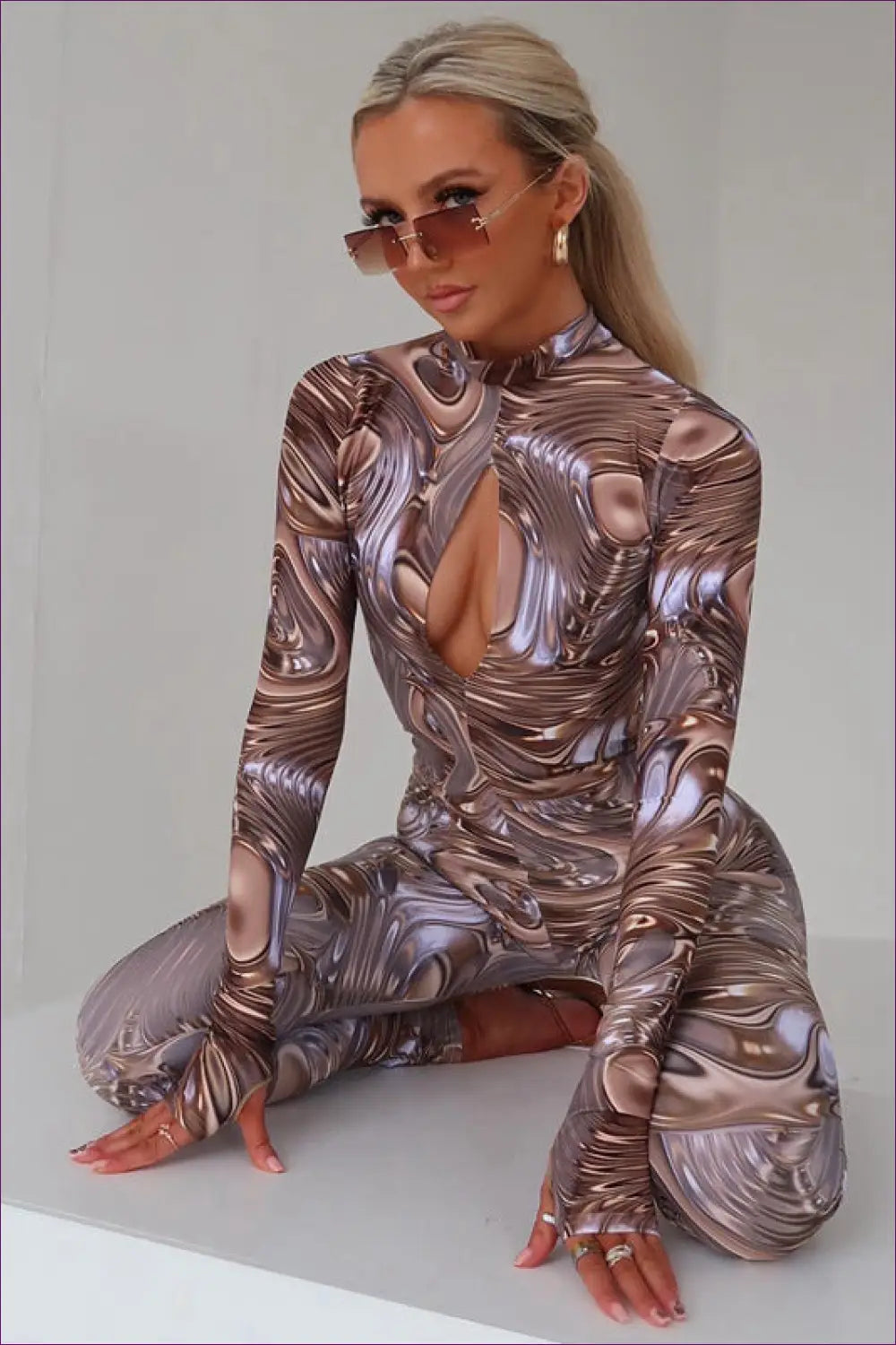 Metallic Swirl Keyhole Jumpsuit - Futuristic Glam for Bodycon, Catsuit, Clubwear, Costume, Cutout