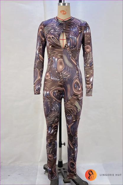 Metallic Swirl Keyhole Jumpsuit - Futuristic Glam for Bodycon, Catsuit, Clubwear, Costume, Cutout