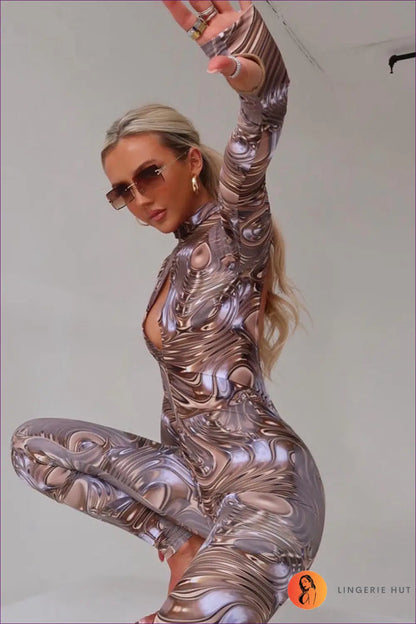 Metallic Swirl Keyhole Jumpsuit - Futuristic Glam for Bodycon, Catsuit, Clubwear, Costume, Cutout