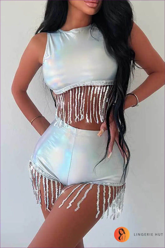 Metallic Tassel co Ord Set - Dazzle on the Dancefloor - s / Silver - Outfit Sets - Lingerie Hut - Clubwear • Crop