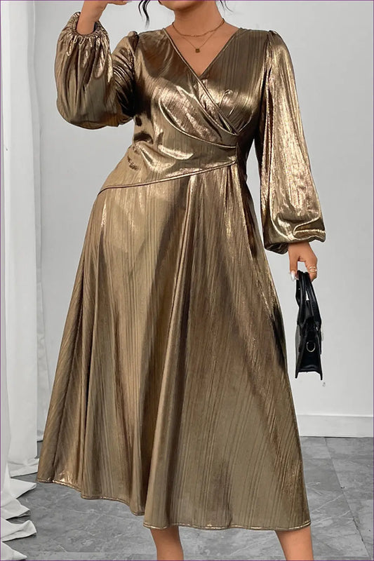 Plus Size Metallic Wrap Midi Dress - Effortless Evening Glamour - Dresses - Lingerie Hut - All Season • Evening Wear