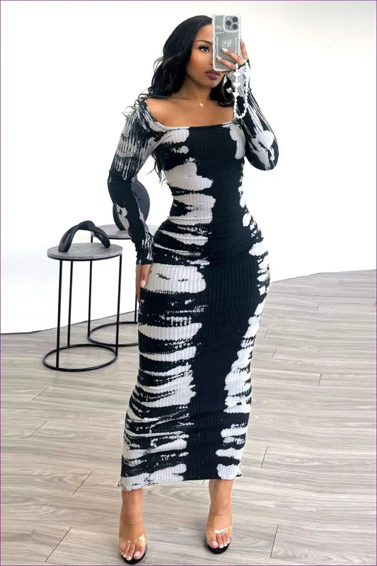 Midi Dress with Abstract Print - Modern Artistry for All Season, Bodycon, Casual, Dress, Evening Wear