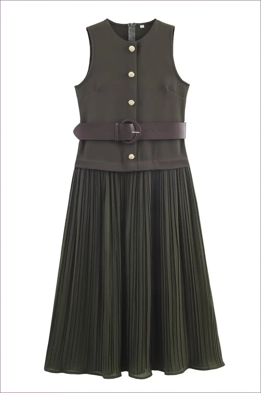 Midi A-line Dress with Belted Waist - Understated Glamour - Dresses - Belted • Button Front • Casual • Clothing