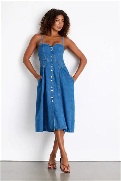 Button-front Midi Dress - Effortless Summer Ease - Dresses - Lingerie Hut - A-line • All Season • Casual • Denim