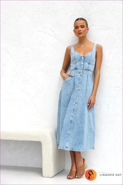 Midi Dress with Button Front - Summer Daytime Ease for A-line, Casual, Cotton, Dress, Everyday