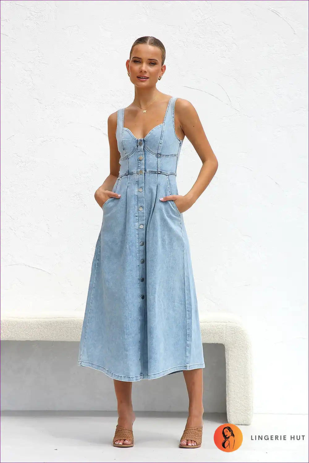 Midi Dress with Button Front - Summer Daytime Ease for A-line, Casual, Cotton, Dress, Everyday