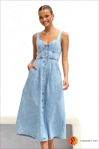 Midi Dress with Button Front - Summer Daytime Ease for A-line, Casual, Cotton, Dress, Everyday